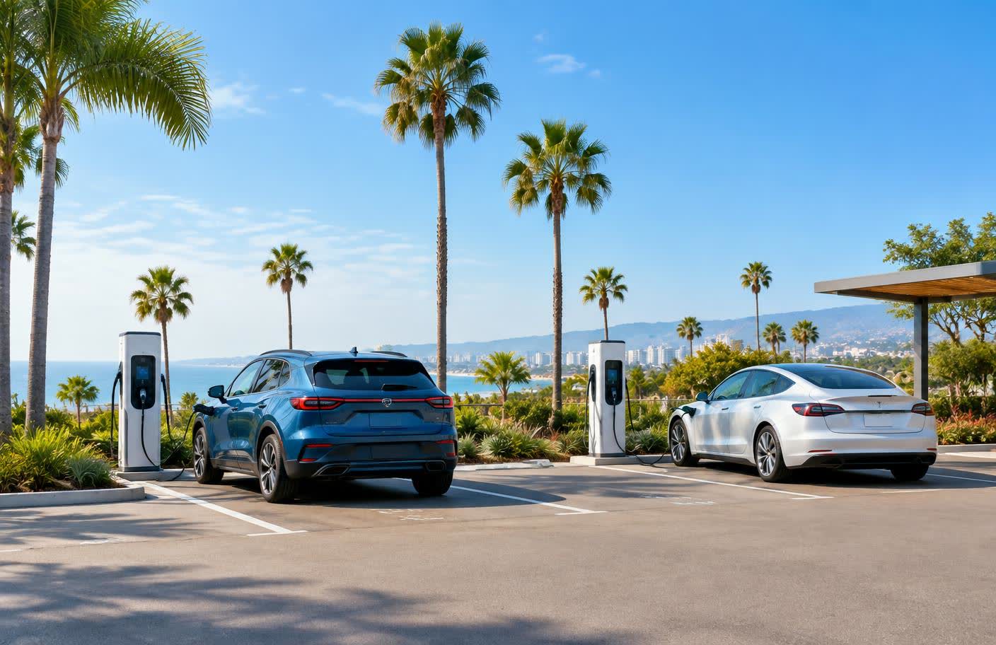 Electric vehicles charging at a sunny Southern California charging station